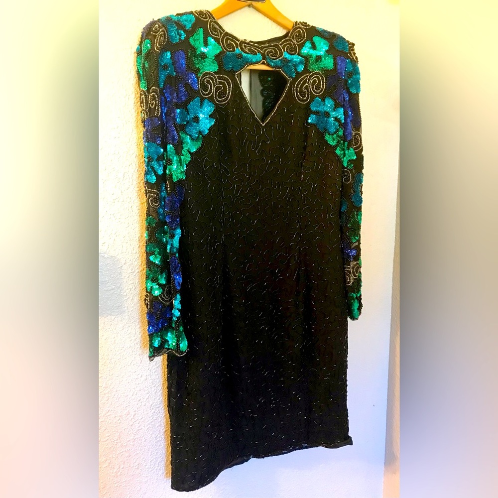 Vintage Laurence Kazar Beaded Sequin Silk Dress with keyhole detail